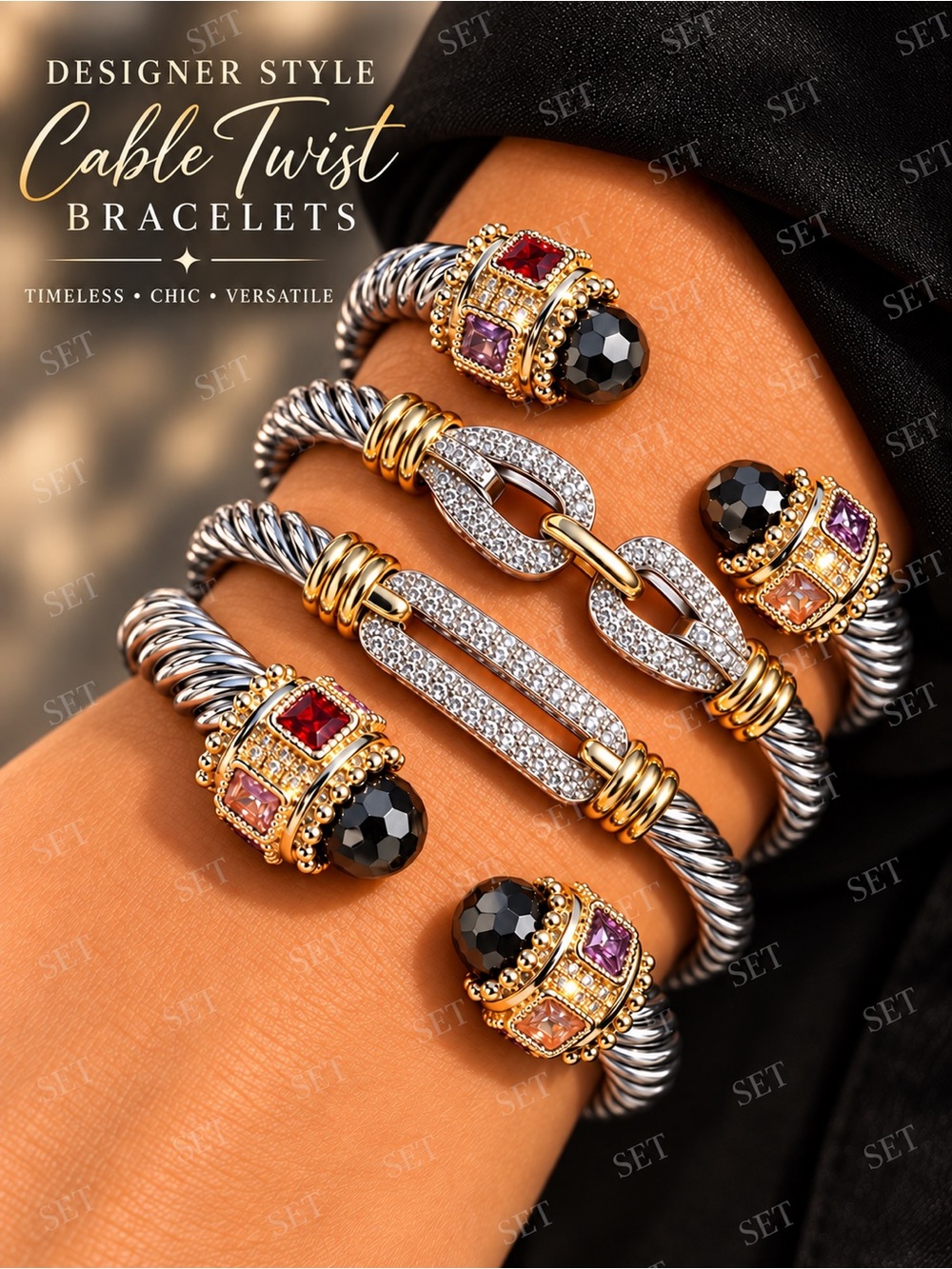 4pc Designer Style Cable Twist Bracelet Stack Silver Gold Crystal Jewelry